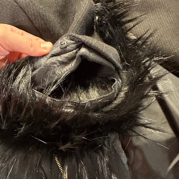 Cole Haan Black Faux Fur Trim Hooded Wool Long Duffle Pea Coat Womens Size 8 - Picture 14 of 16